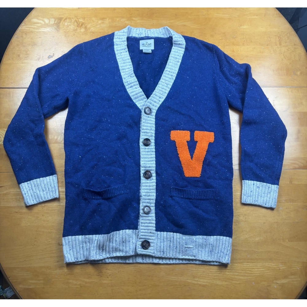 Hillflint Mens Blue Grey Virginia Cavaliers Cardigan Sweater Orange V Patch Med